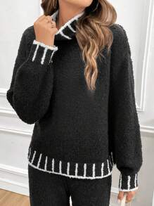 Chiquease 2 Stücke Damen gestreifter Stehkragen Drop-Shoulder Langarm-Pullover und gestrickter Hose Lässig Set, Herbst/Winter - Schwarz - Übersicht 4