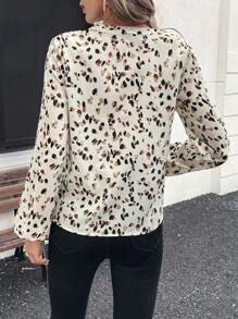 SHEIN Clasi Blusa elegante de manga larga con cuello en V y estampado total para mujer, blusas de manga larga - Albaricoque - Ver 2