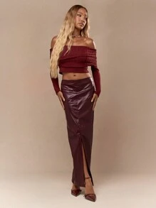 MISSGUIDED Crocodile Effect Faux Leather Front Slit Back Zip Closure Maxi Skirt Christmas - Burgundy - View 4