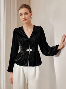 MOTF PREMIUM Top con dettagli in strass, maniche a lantenna e vita a clessidra a scollo a V - nero - Visualizzare 5