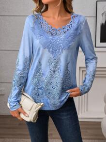 SHEIN LUNE 1 pieza Camiseta de manga larga con cuello de punto estampado floral patchwork para mujer, otoño