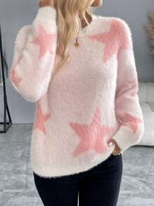 Chiquease Áo len giả cashmere dáng rộng, vai rớt, họa tiết ngôi sao, thích hợp mặc hàng ngày, mùa thu/đông, kiểu áo chui đầu. - trắng - Xem 4