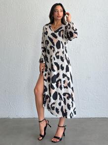 SHEIN Tall Women's Midi Boy Woven Dress With Leopard Print - Multicolor - View 3