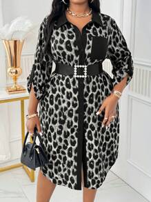 SHEIN Lady Spring And Summer Autumn And Winter Elegant Leopard Print Woven Shirt Collar Shirt Sleeve Pocket Shirt Dress Midi Long Sleeve Plus Size Dresses