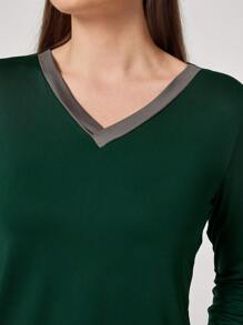 TaskEZ 2pcs Women Color Block V-Neck Long Sleeve Top And Tie Waist Pants Nurse Scrub Uniform Set