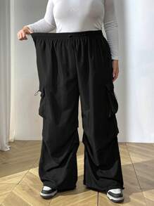 SHEIN CURVE+ Pantalones cargo de talla grande de unicolor casual con cordón en la cintura