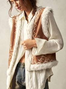 Bohemela Women Fringe Trim Sleeveless Vest - Khaki - View 2