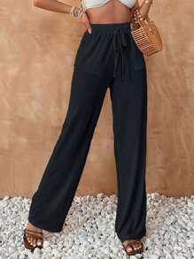 Pantalon De Lin Large À Jambe Large Pour Femme, Été De Couleur Solide Beige, Taille Haute Avec Cordon De Serrage