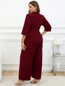 SHEIN Clasi Bộ đồ liền thân thanh lịch tay 3/4 có ve áo cổ vá sequin cỡ lớn cho nữ - Màu Đỏ Sâu - Xem 2
