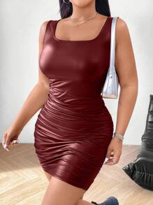 SHEIN EZwear 1 件大码女式红色 PU 皮革褶边无袖圆领连衣裙 - 酒紅色 - 查看 6