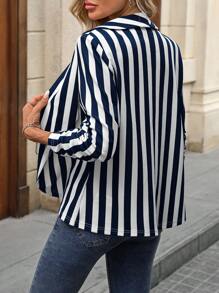 SHEIN LUNE Blazer chaqueta con mangas abombadas a rayas negro y blanco para mujer, apto para ir al trabajo y actividades al aire libre - Azul Marino - Ver 3