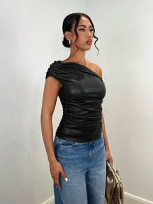 SHEIN BAE Women's Solid Color PU Leather Asymmetric Neck Ruched Fashionable T-Shirt - Black - View 4