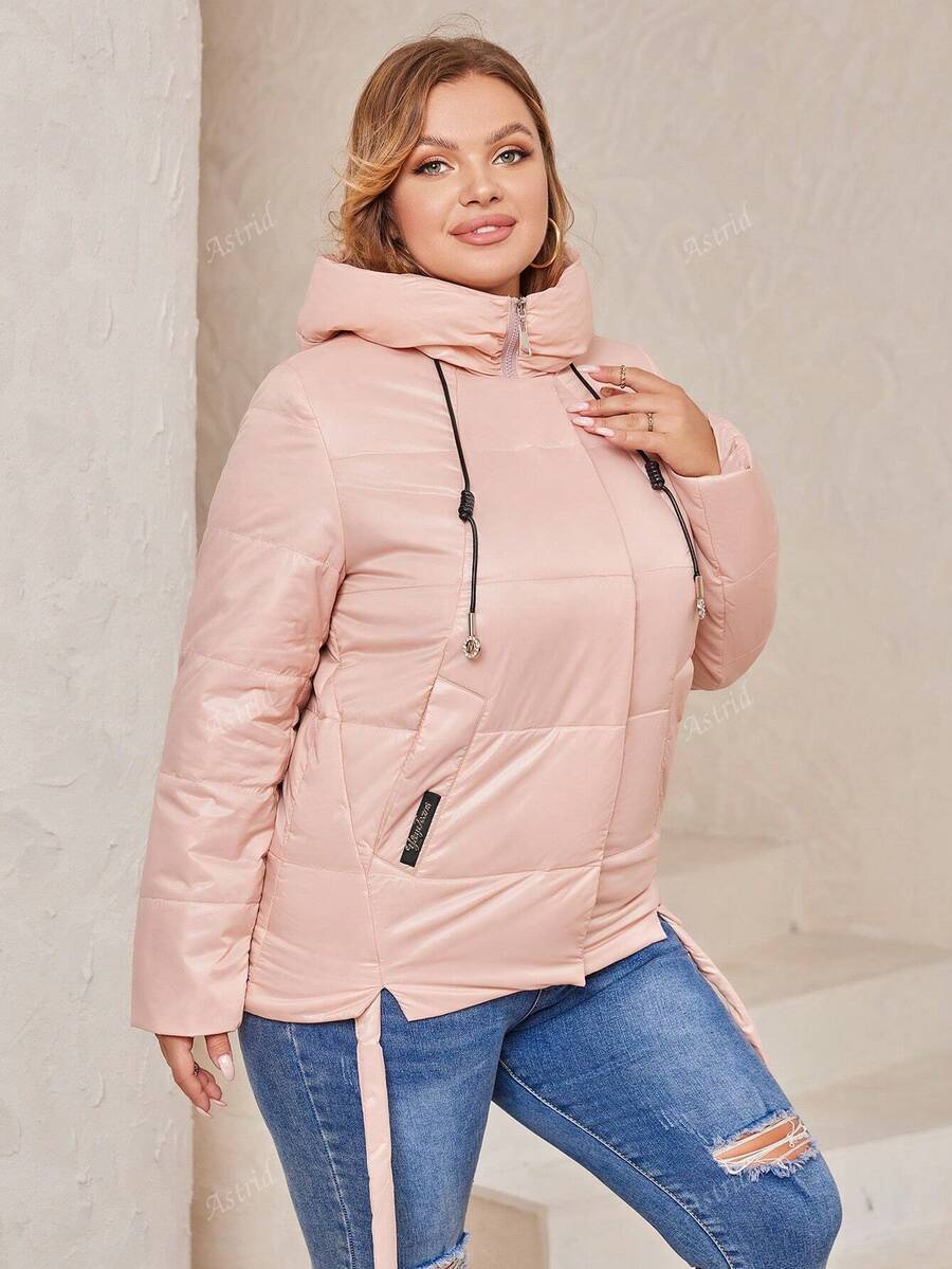 Astrid Plus Size Letter Stamped Drawstring Zipper Short Padded Coat