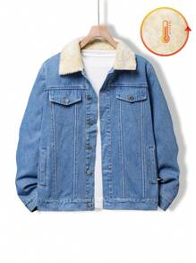 Teen Boys' Thicken Padded Casual All-Match Denim Jacket Coat, Autumn And Winter - Medium Wash - View 1
