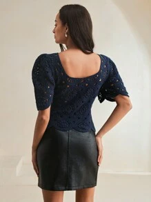 Anewsta 女士方领钩针泡泡袖镂空优雅度假 T 恤 - 藏蓝色 - 查看 4