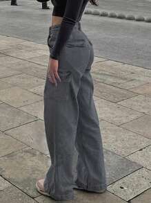 女士美式休闲百搭基本款中腰直筒工作牛仔裤 - 深灰色 - 查看 2