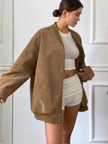 DAZY 女士纯色宽松长袖口袋棒球夹克，秋季女装