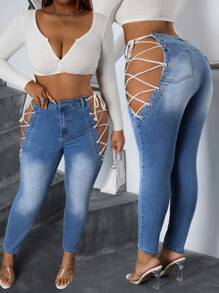 SHEIN SXY Plus Size Women Denim High Waist Elastic Rope Side Tie Detail Skinny Pants - Medium Wash - View 1