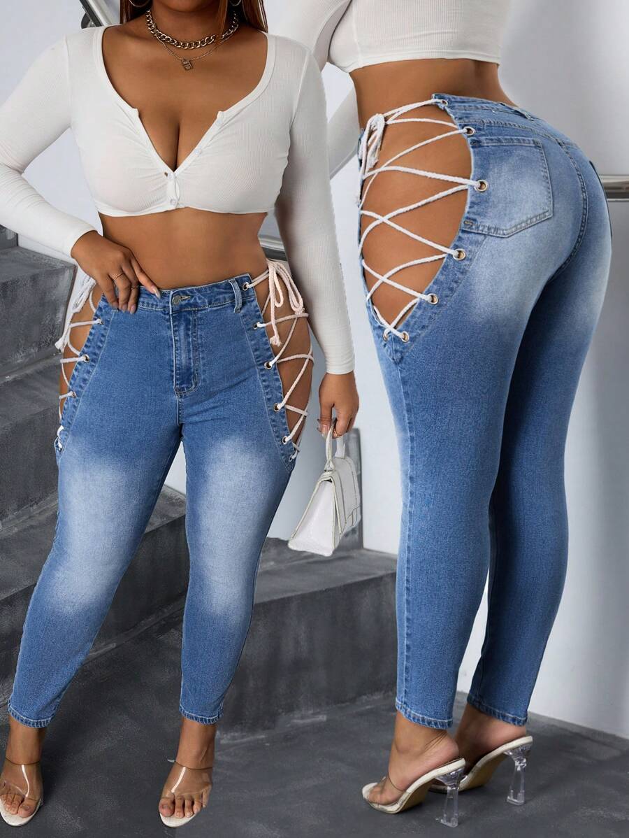 SHEIN SXY Plus Size Women Denim High Waist Elastic Rope Side Tie Detail Skinny Pants - Medium Wash - View 1