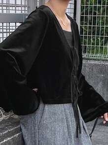 FRIFUL Women Casual Solid Color Tie-Up Jacket For Autumn Women Coats - Black - View 6
