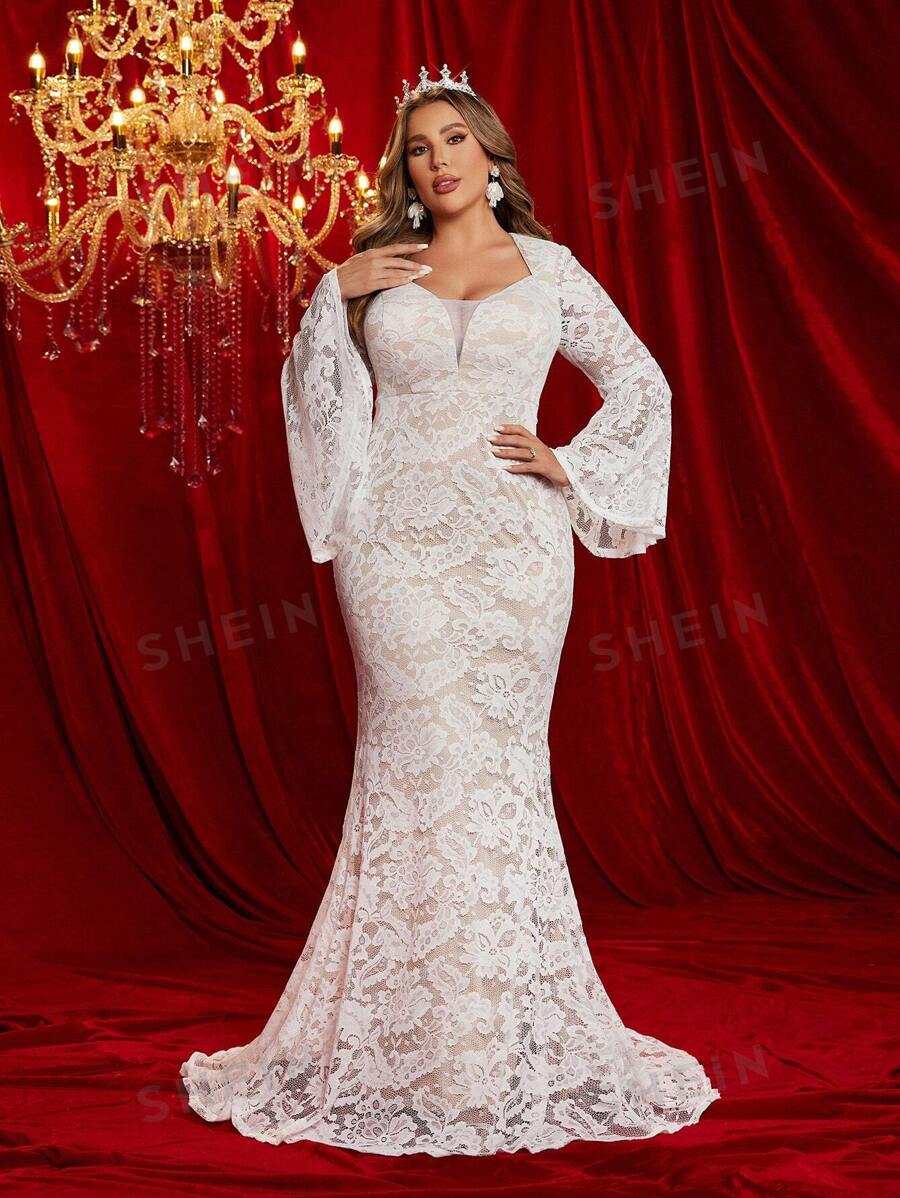 SHEIN Belle Plus Size Elegant Luxurious VNeck Ruffle Lace Sheer French