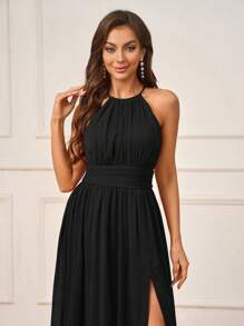 SHEIN Belle 浪漫优雅苋菜红色雪纺压皱面料细肩带高开叉大腿露背系带水滴形伴娘礼服（成人） - 黑色 - 查看 4