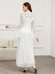 Modelyn Đầm Maxi Ả Rập dài tay xòe ren trơn màu thanh lịch, mùa thu - trắng - Xem 2