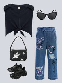SHEIN Explorewe Baby Girl Summer Solid Color Turn-Down Collar Top And Heart & Slogan Printed Pants Casual Fashion Set - Multicolor - View 1
