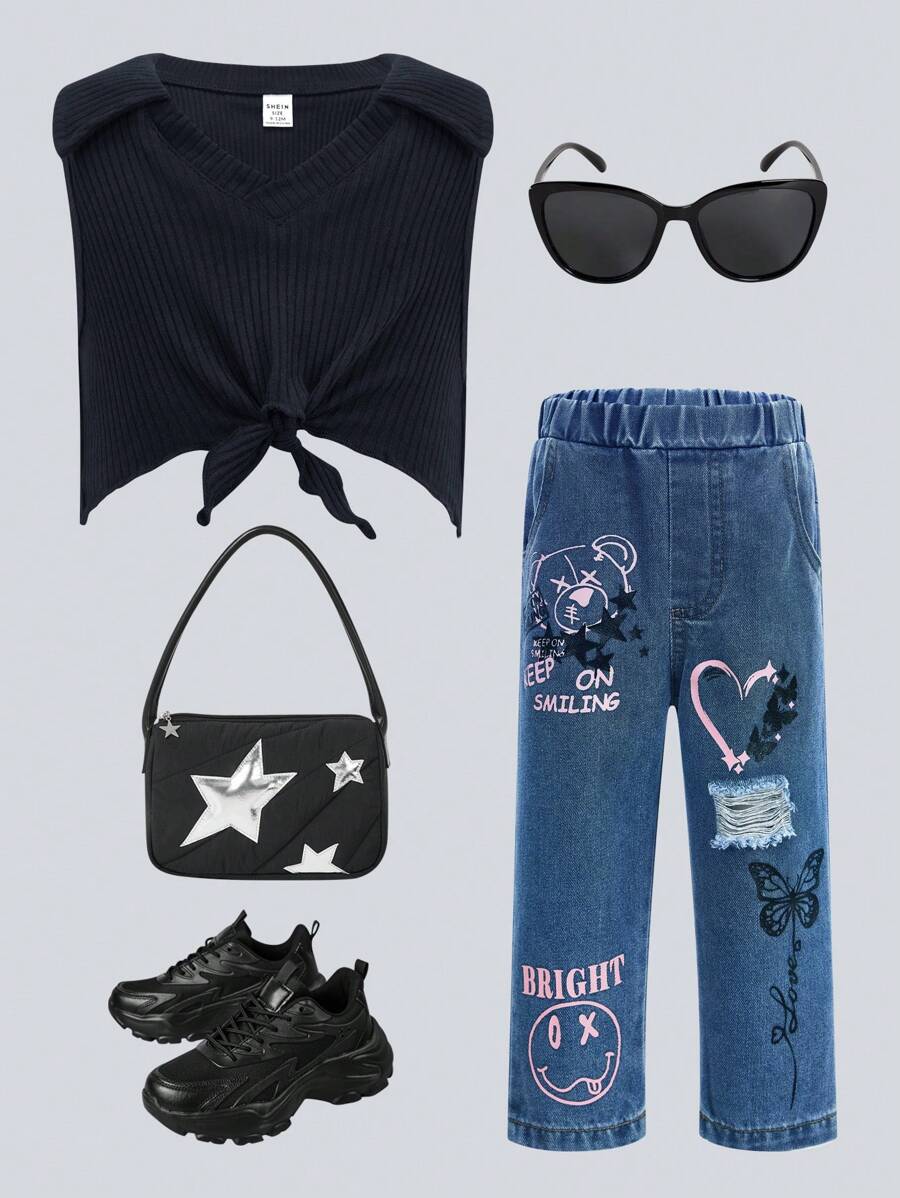 SHEIN Explorewe Baby Girl Summer Solid Color Turn-Down Collar Top And Heart & Slogan Printed Pants Casual Fashion Set - Multicolor - View 1