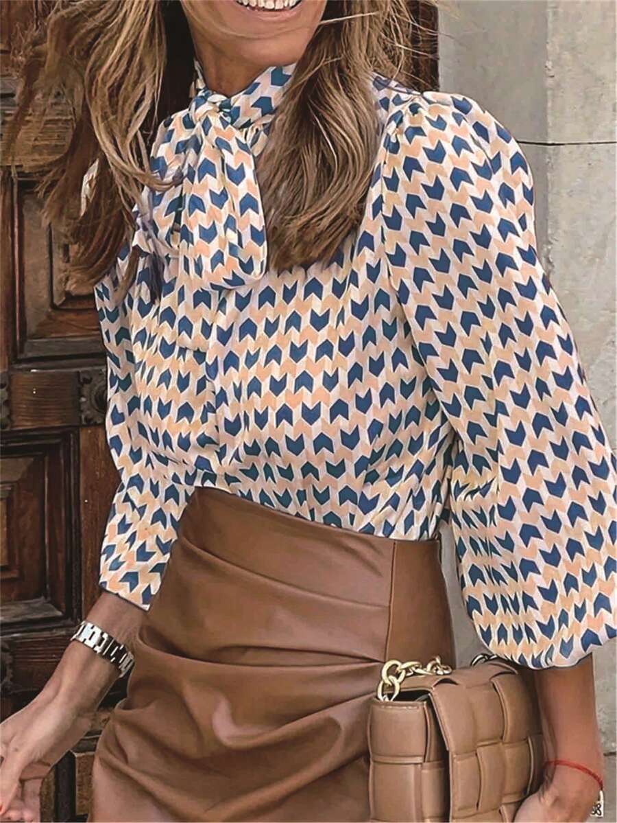 Women's Autumn Casual Geometric Print Tie Collar Lantern Sleeve Blouse