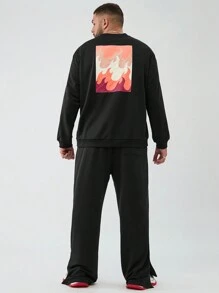 Manfinity VCAY 2pcs Men Plus Size Casual Knitted Long Sleeve Sweatshirt And Knitted Pants Set, Autumn, For Fall Winter - Black - View 2