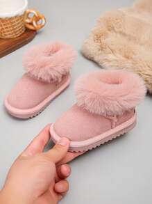 1 双女婴蓬松毛绒保暖平底防滑雪地靴，适合秋冬季日常外出和户外活动 - 粉色 - 查看 4