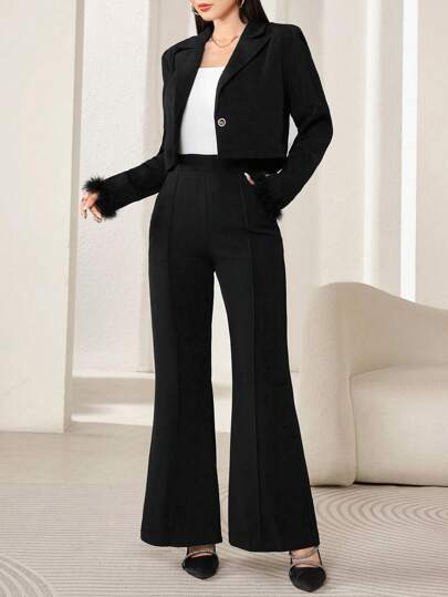 Modelyn 1 pieza Blazer elegante para mujer con solapa, manga larga y puños esponjosos de unicolor para otoño