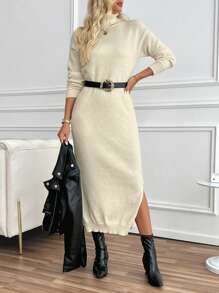 Chiquease 新款舒适宽松针织毛衣裙女装欧美风格高领时尚秋冬装 - 杏色 - 查看 1