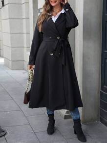 SHEIN LUNE 大码休闲翻领双排扣轻便风衣，适合秋季户外穿着 - 黑色 - 查看 5