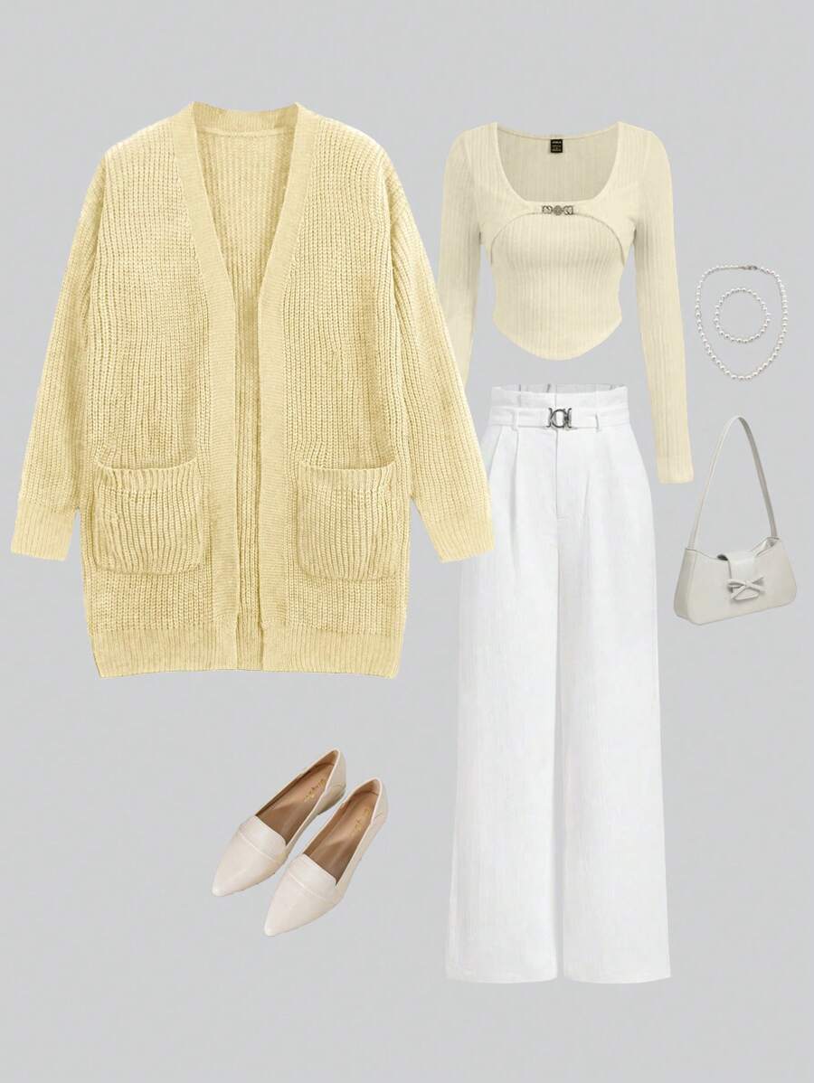 Teen Girls' Casual Ribbed Knit Cardigan With Pockets, Autumn/Winter - Apricot - View 1