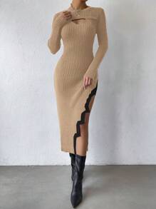 Calvaya Vestido elegante de mujer con bloques de color, cuello redondo, manga larga, costados con abertura y bajo con abertura