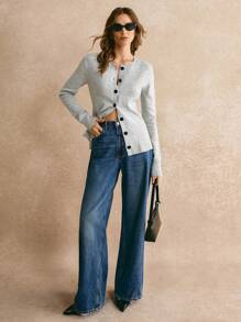 Poéselle Women's Plain Color Long Sleeve Casual Loose Cardigan, Autumn - Grey - View 1