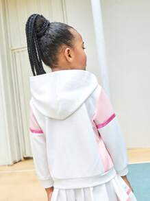 SHEIN Young Girl' Sporty Hoodies Knitted Pullover Sweatshirt With Contrast Color Panels And Reflective Strips, Everyday Casual Wear