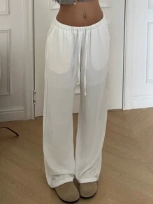 Muchica Women's Solid Color Front Tie Pocket Casual Pants - White - View 5