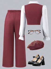 Tween Girls' Elegant 3-Piece Set: White Collared Long Sleeve Shirt, Double-Breasted Sleeveless Vest, And Pants