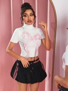 SHEIN SXY 女士性感蝴蝶结针织短款上衣 - 白色 - 查看 6