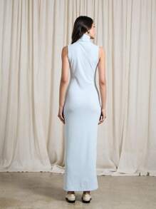 AiiRZ 罗纹高领无袖超长连衣裙 - 淺藍色 - 查看 2