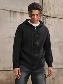 Forever 21 Men's Boxy Oversized Zip Through Hoodie Cardigan In Black Fall/Winter - Black - View 6