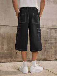 Forever 21 Quần lửng ống rộng thoải mái cho nam đi dạo phố có đường khâu tương phản màu đen, phù hợp cho mùa hè - màu đen - Xem 3