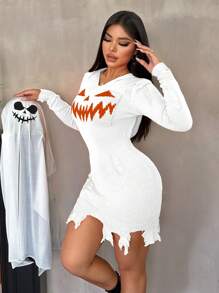 Zolique New Sexy Hollow Out Cut Fringe Hooded Pumpkin Teeth Pattern Orange Bodycon Sweater Dress For Halloween Fall Winter Cloth For Women