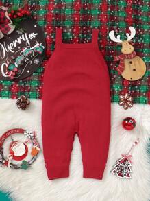 SHEIN 男婴圣诞主题婴儿和幼儿休闲装，包括毛衣连体衣、可爱鹿提花围兜连体衣、时尚工装裤，非常适合日常和节日穿着 - 酒紅色 - 查看 2