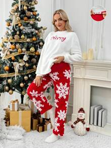 SHEIN Maternity Slit Hem Ribbed Long Sleeve Tee And Pants Set, Christmas Outfit, 2 Pieces Set - Red and White - View 6