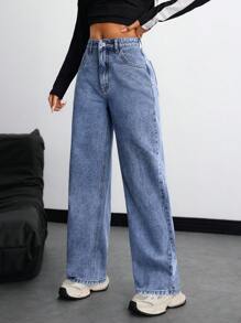 SHEIN EZwear 女士宽松休闲口袋阔腿牛仔裤 - 中等水洗藍 - 查看 4