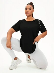 SHEIN Rhythm Era Áo thun thể thao tay ngắn in chữ cỡ lớn dành cho nữ tập gym - màu đen - Xem 6